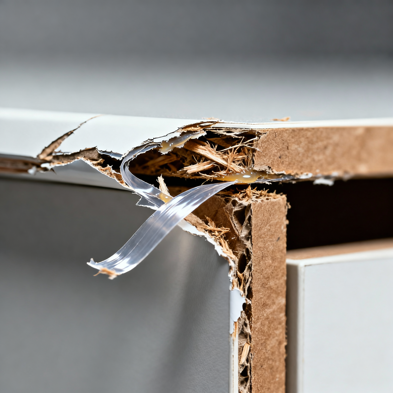 A broken corner of laminate furniture revealing crumbling particle board and dried glue