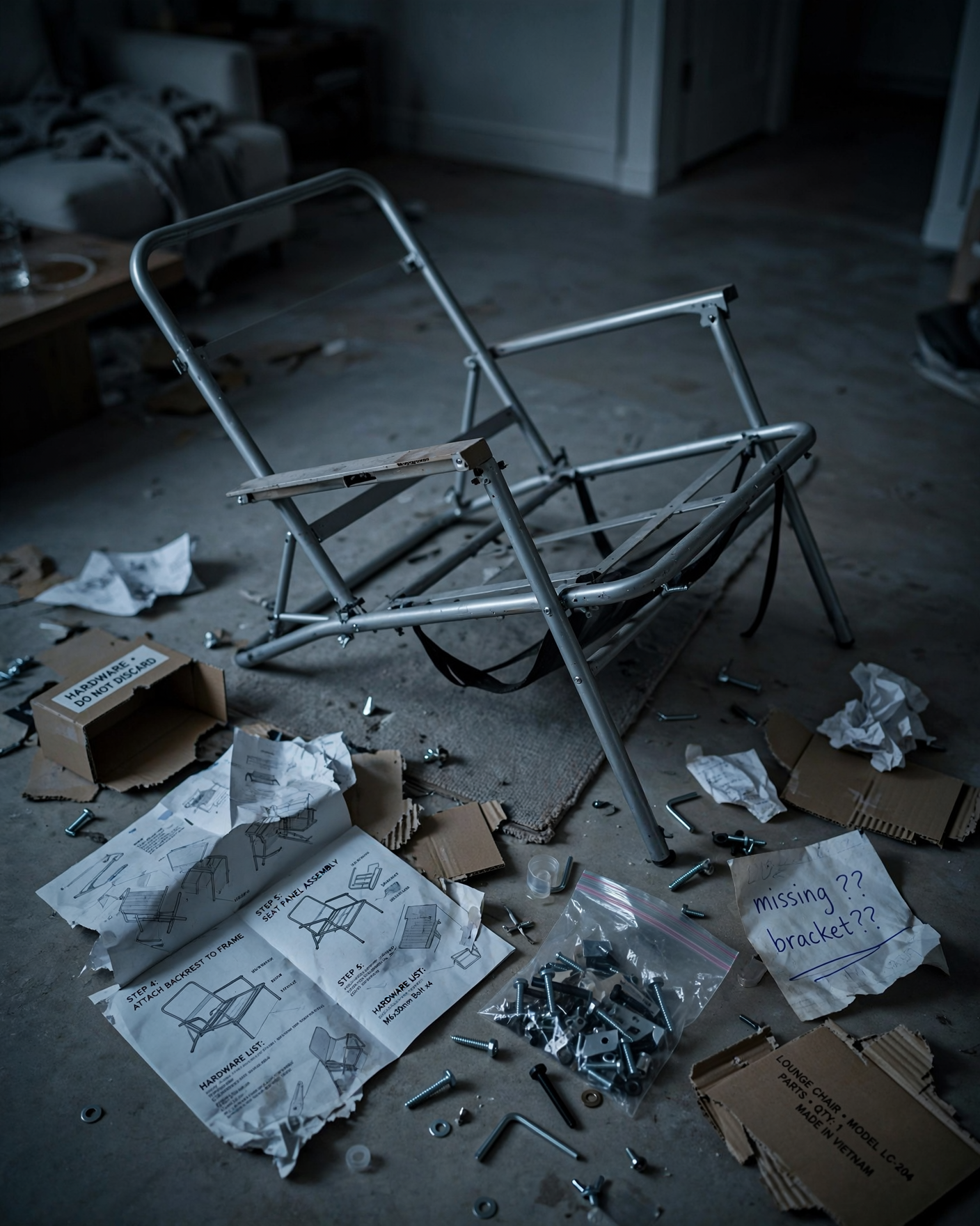 A half-assembled chair frame surrounded by scattered hardware and a 'missing bracket?' note